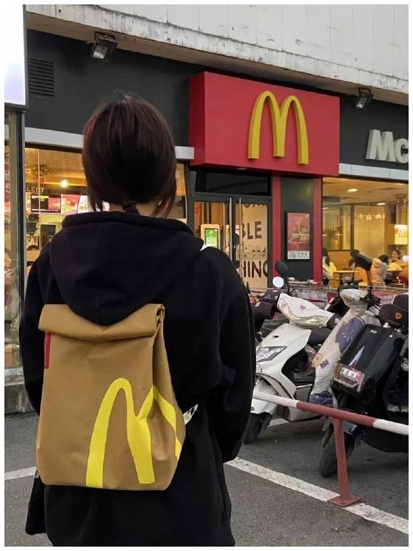 McDonald's Backpack Fun Backpack Women's Canvas large capacity cartoon French fries bag Travel crossbody bag Starbucks KFC bag Double backpack schoolbag