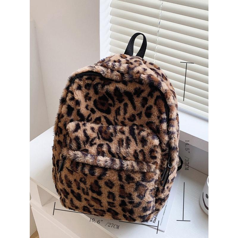 Allover Leopard Pattern Fluffy Backpack, Bag For School For CollegeSchool Bag,School BackpackLarge CapacityFor Teen Girls Women College StudentsCollege,Middle School, High School,Outdoors, Travel, Outings,Back To Schoolback To School,Cute