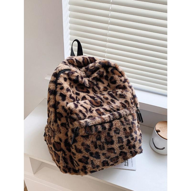 Allover Leopard Pattern Fluffy Backpack, Bag For School For CollegeSchool Bag,School BackpackLarge CapacityFor Teen Girls Women College StudentsCollege,Middle School, High School,Outdoors, Travel, Outings,Back To Schoolback To School,Cute