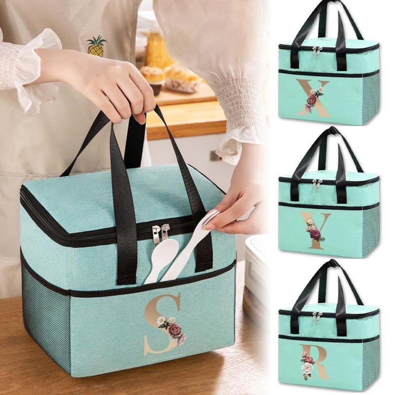 Letter & Flower Pattern Bento Bag, 1 Count Reusable Lunch Bag, Durable Thermal Food Container, Reusable Canvas Handbag for Students, Office Worker