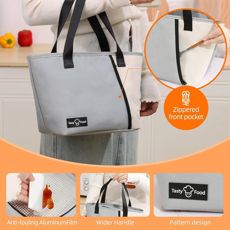 Lunch Bag for Women Men, Reusable Lunch Tote Lunch Box, Large Capacity Leakproof Lunch Tote Bags with Front Pocket for Work Office Picnic or Travel (Black)