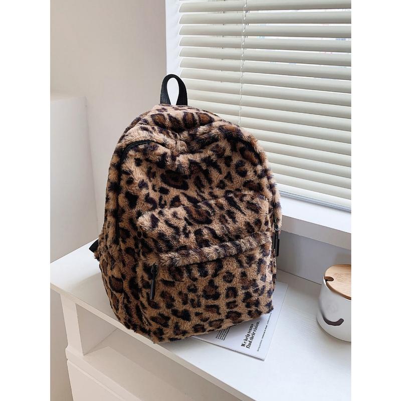 Allover Leopard Pattern Fluffy Backpack, Bag For School For CollegeSchool Bag,School BackpackLarge CapacityFor Teen Girls Women College StudentsCollege,Middle School, High School,Outdoors, Travel, Outings,Back To Schoolback To School,Cute