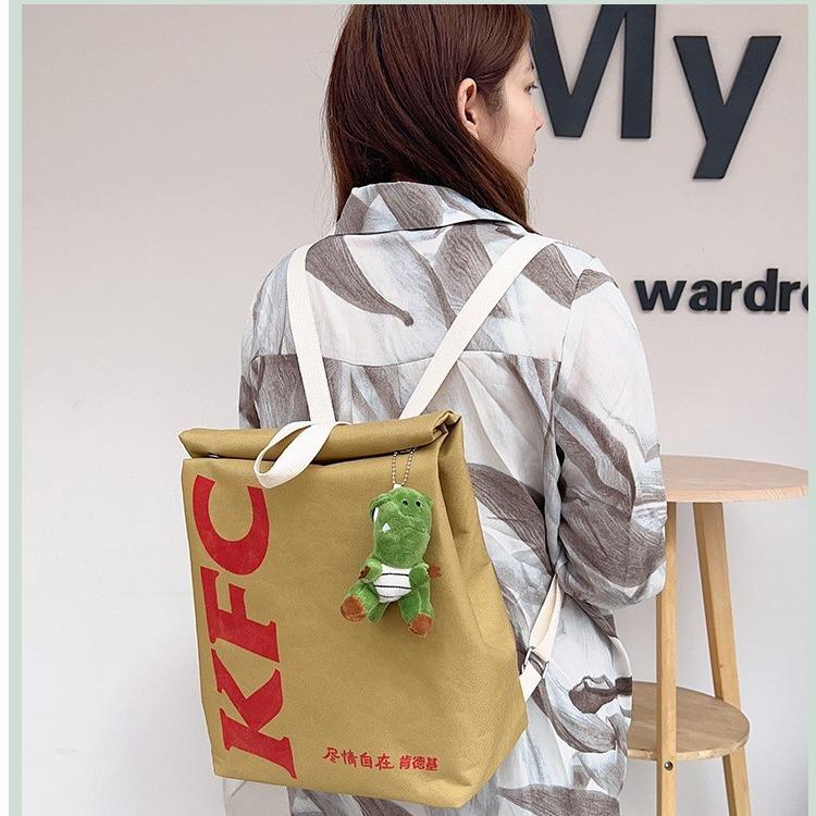 McDonald's Backpack Fun Backpack Women's Canvas large capacity cartoon French fries bag Travel crossbody bag Starbucks KFC bag Double backpack schoolbag