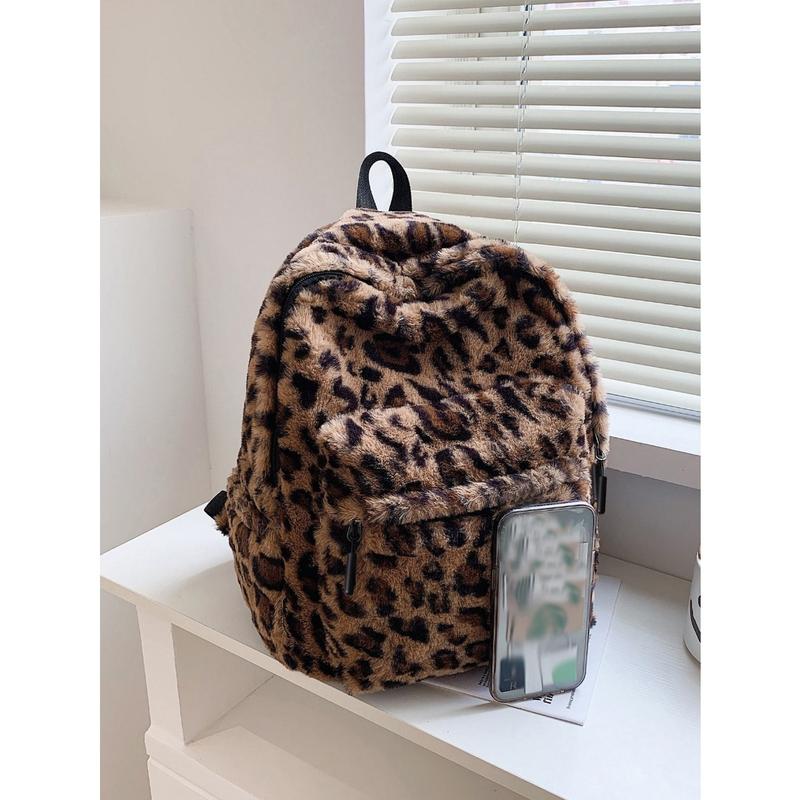 Allover Leopard Pattern Fluffy Backpack, Bag For School For CollegeSchool Bag,School BackpackLarge CapacityFor Teen Girls Women College StudentsCollege,Middle School, High School,Outdoors, Travel, Outings,Back To Schoolback To School,Cute