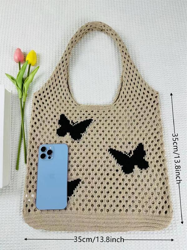 Women's Elegant Y2k Butterfly Design Crochet Tote Bag, Trendy Large Capacity Shoulder Bag, All-match Tote Bag for Daily Use