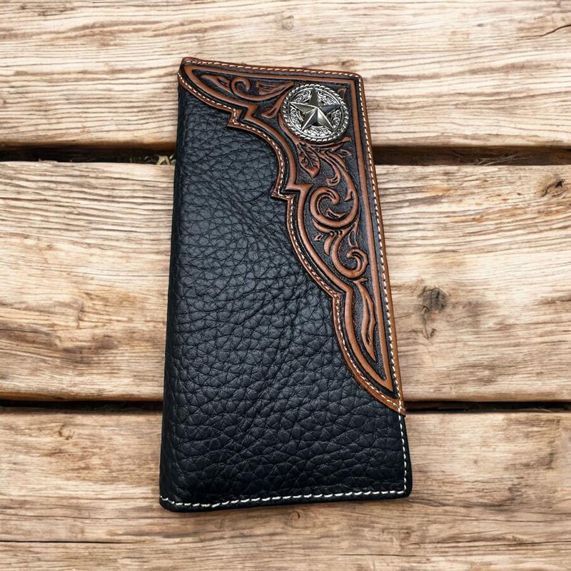 Western Stakes Leather Long Wallet Floral Embossed Tooled Bi Fold Soft Leather Texas Lonestar Concho Checkbook Style Cowboy Hand Crafted High End Mens Wallets Leather Gifts For Men tiktok viral