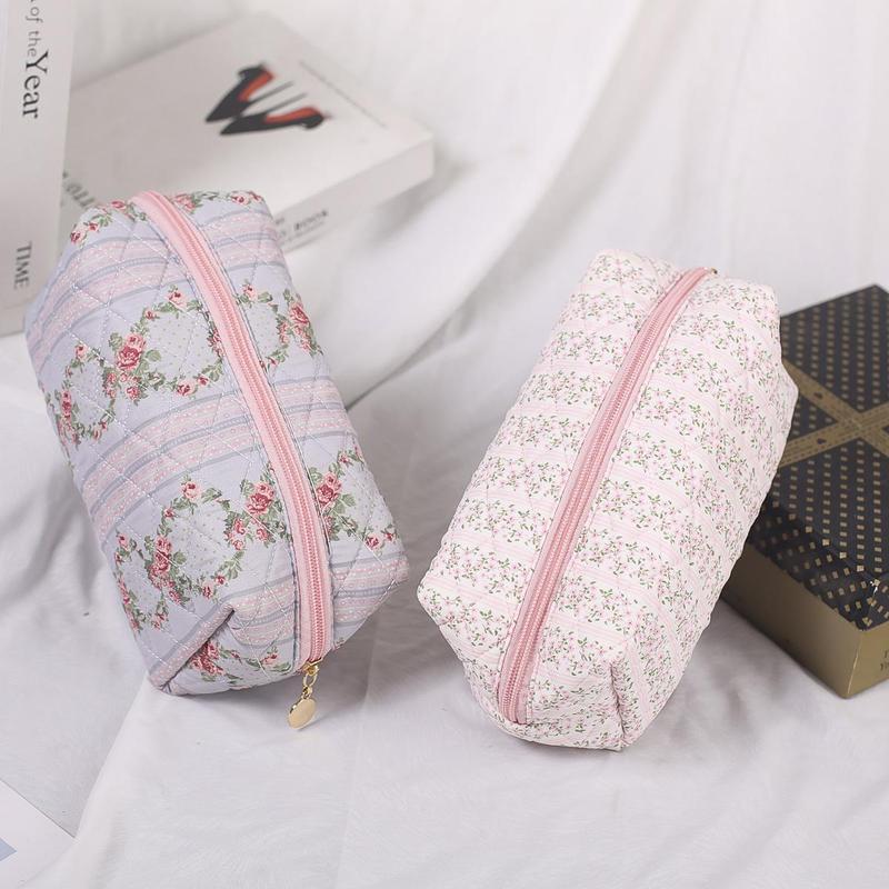 Floral Pattern Quilted Makeup Bag, Portable Cosmetic Storage Bag, Zipper Makeup Organizer Pouch, Great for Skincare, Lotion, Cream, Lip Balm, Eyeliners, Mirror