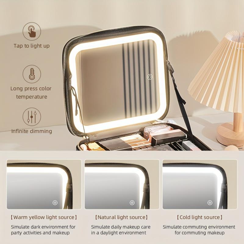 Travel Makeup Bag with Mirror LED Light, 1 Count Portable Storage Bag with Adjustable Brightness Light, Cosmetic Organizer for Home & Travel