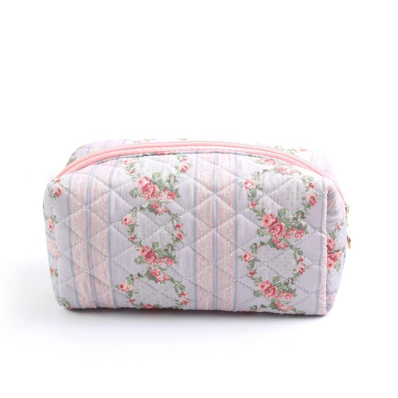 Floral Pattern Quilted Makeup Bag, Portable Cosmetic Storage Bag, Zipper Makeup Organizer Pouch, Great for Skincare, Lotion, Cream, Lip Balm, Eyeliners, Mirror