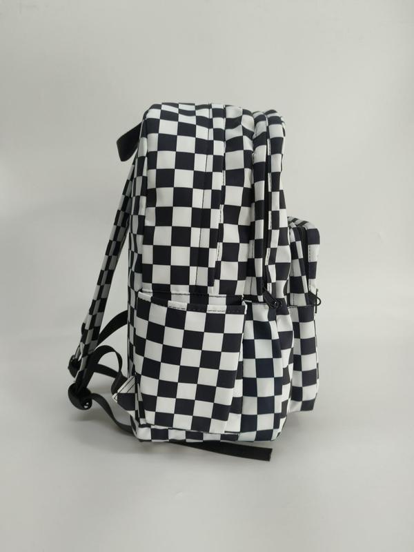 Simple Casual Checkerboard Pattern Letter Label Backpack with Cute Charm,  Trendy Zipper School Bag for Teenagers & Students for Daily Use