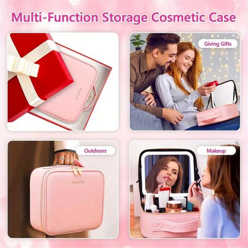 Travel Makeup Bag with Mirror LED Light, 1 Count Portable Storage Bag with Adjustable Brightness Light, Cosmetic Organizer for Home & Travel