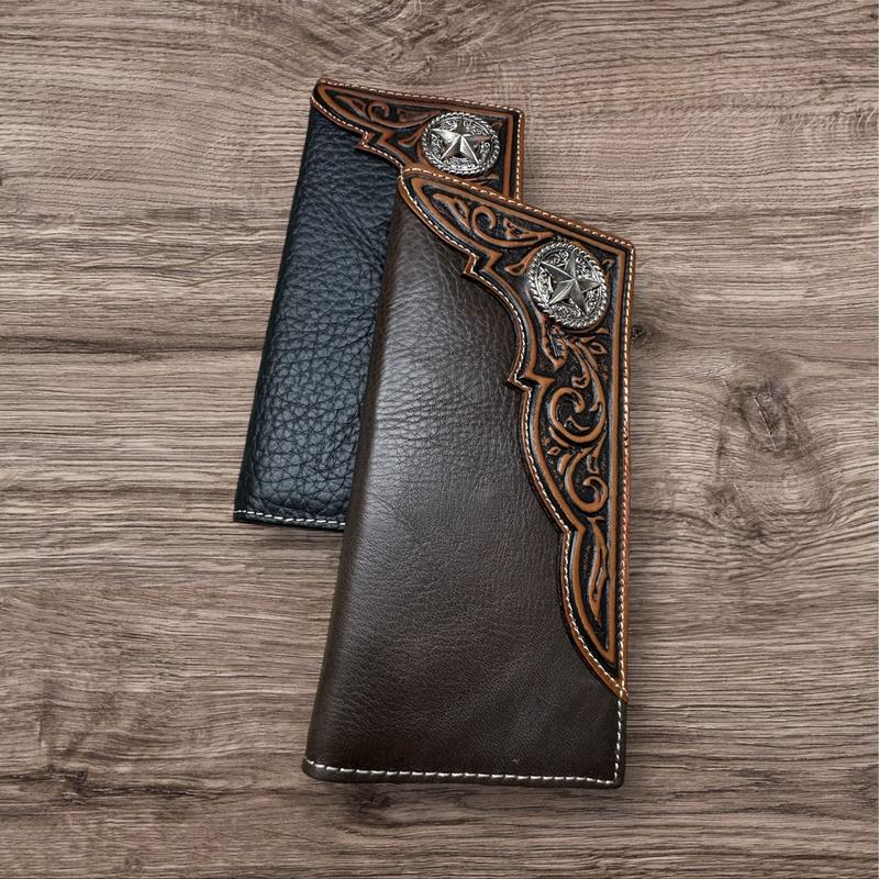 Western Stakes Leather Long Wallet Floral Embossed Tooled Bi Fold Soft Leather Texas Lonestar Concho Checkbook Style Cowboy Hand Crafted High End Mens Wallets Leather Gifts For Men tiktok viral