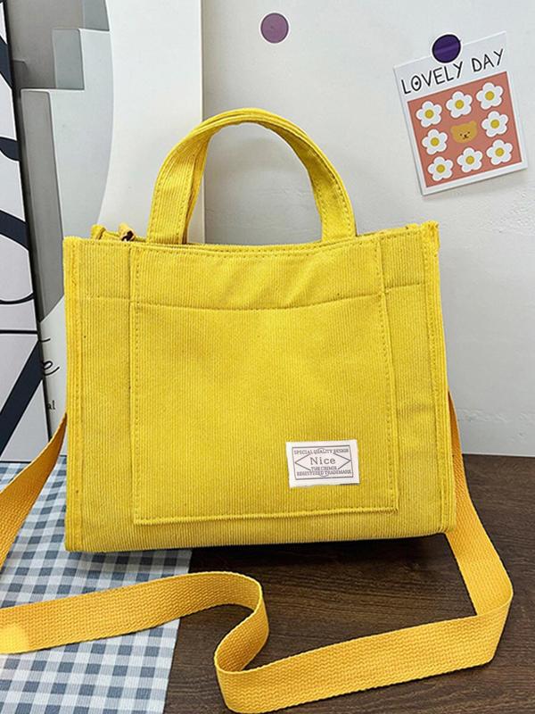 Summer Solid Color New Trendy Top Bag, Letter Patchwork Decor Corduroy Luxury Designer Handbags, Casual Summer Tote Bag, Women's Bags for Back To School