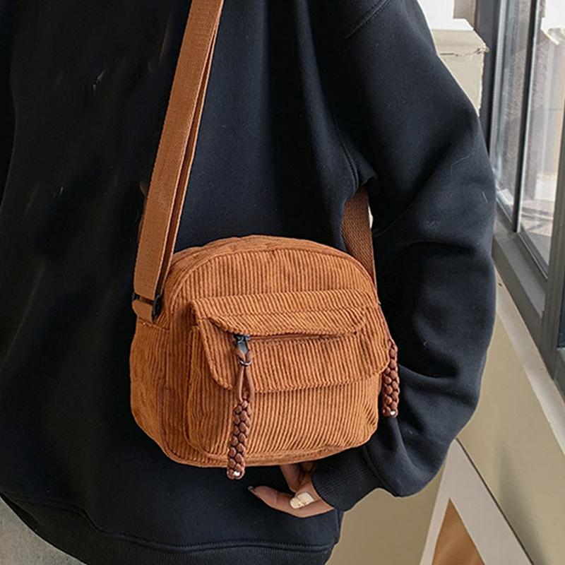 Vintage Corduro Square Shoulder Crossbody Bag for Women Multi Zipper Pockets Satchel Bag Daily Commuter Purse