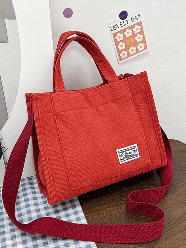 Summer Solid Color New Trendy Top Bag, Letter Patchwork Decor Corduroy Luxury Designer Handbags, Casual Summer Tote Bag, Women's Bags for Back To School