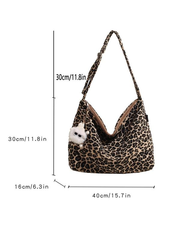 Leopard Pattern Shoulder Bag with Cute Charm, Large Capacity Zipper Shoulder Bag for Work & School, Trendy All-match Bag for Teen Girl Women College Student Perfect for Office, College, Work, Business, Commute, The Tote Bag