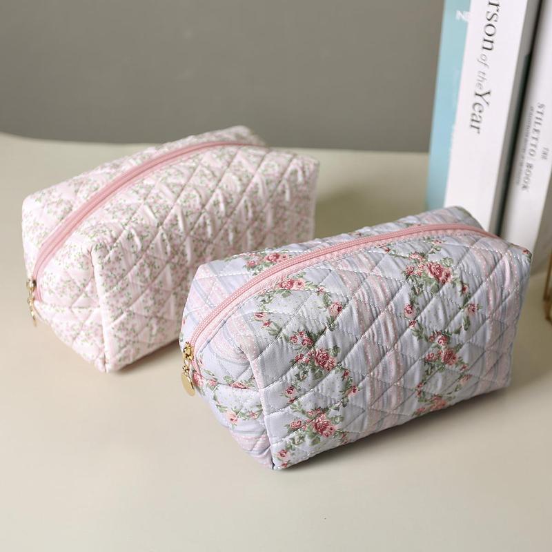 Floral Pattern Quilted Makeup Bag, Portable Cosmetic Storage Bag, Zipper Makeup Organizer Pouch, Great for Skincare, Lotion, Cream, Lip Balm, Eyeliners, Mirror