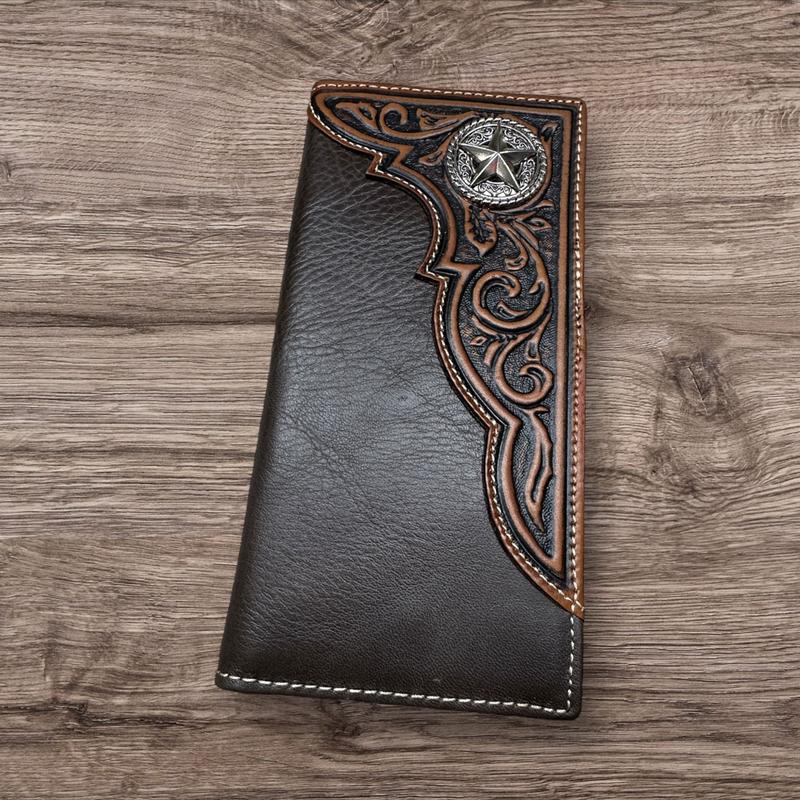 Western Stakes Leather Long Wallet Floral Embossed Tooled Bi Fold Soft Leather Texas Lonestar Concho Checkbook Style Cowboy Hand Crafted High End Mens Wallets Leather Gifts For Men tiktok viral