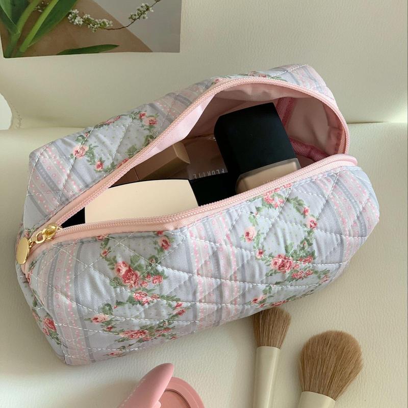 Floral Pattern Quilted Makeup Bag, Portable Cosmetic Storage Bag, Zipper Makeup Organizer Pouch, Great for Skincare, Lotion, Cream, Lip Balm, Eyeliners, Mirror