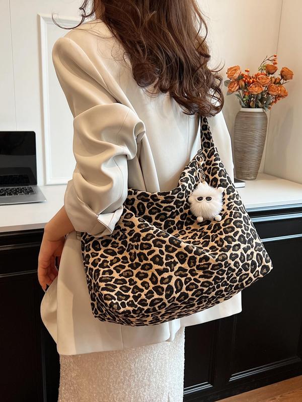 Leopard Pattern Shoulder Bag with Cute Charm, Large Capacity Zipper Shoulder Bag for Work & School, Trendy All-match Bag for Teen Girl Women College Student Perfect for Office, College, Work, Business, Commute, The Tote Bag