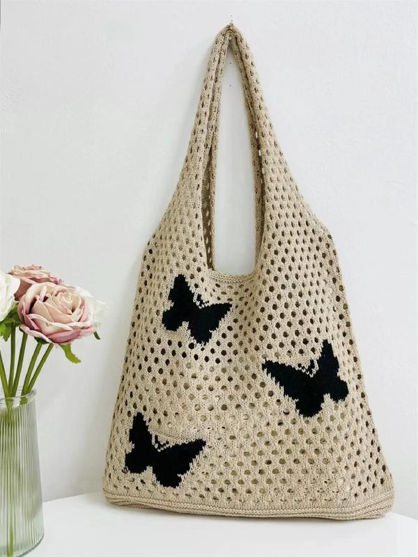 Women's Elegant Y2k Butterfly Design Crochet Tote Bag, Trendy Large Capacity Shoulder Bag, All-match Tote Bag for Daily Use