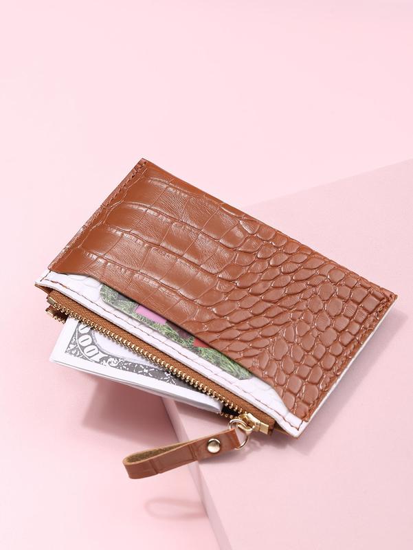 Women's Elegant Plain Crocodile Pattern Zipper Card Holder, Casual Pu Leather Texture Coin Purse, Fashion Versatile Hand Wallet for Daily Use