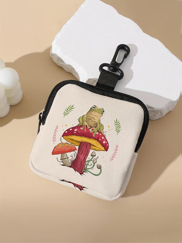 Cute Frog & Mushroom Pattern Coin Purse, Multi-functional Storage Bag, Durable Polyester Key Card Holder Storage Bag, Ideal Gift