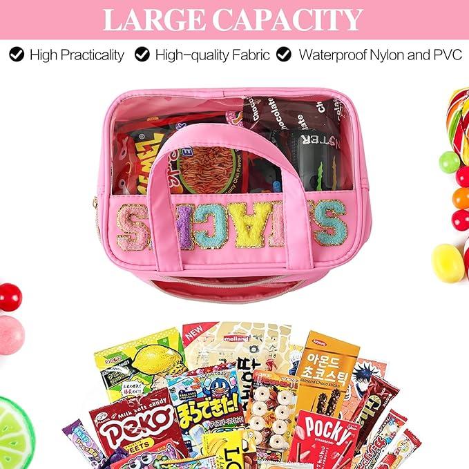 Chenille Letter Clear Large Snack Bag, Preppy Bag Clear Snack Bags with Zipper, Stuff Bag Waterproof Bag Travel Bag Pouch for Women Girls Pink Travel Organizer