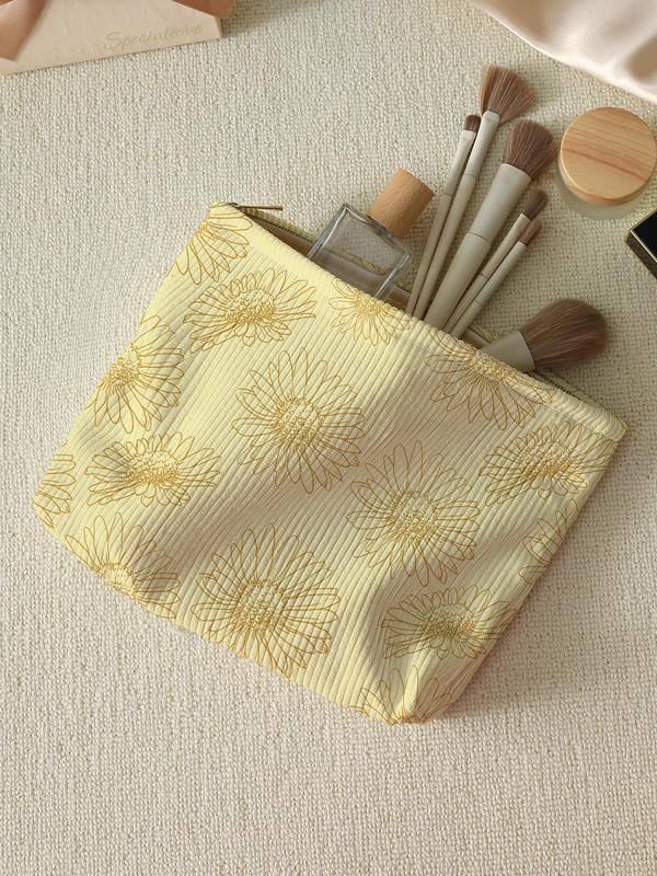 Daisy Floral Pattern Corduroy Makeup Bag, Lightweight Multi-functional Fashion Makeup Bag, Multi-functional Storage Bag, Travel Makeup Bag, Suitable for Leisure Travel and Various Occasions