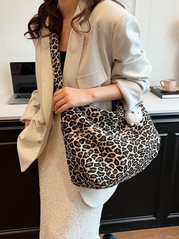 Leopard Pattern Shoulder Bag with Cute Charm, Large Capacity Zipper Shoulder Bag for Work & School, Trendy All-match Bag for Teen Girl Women College Student Perfect for Office, College, Work, Business, Commute, The Tote Bag