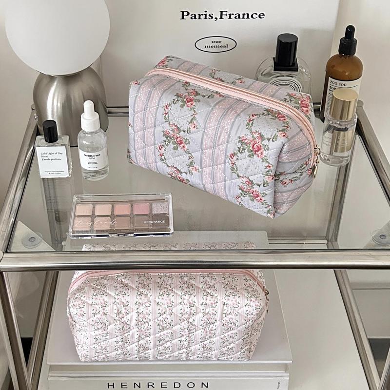 Floral Pattern Quilted Makeup Bag, Portable Cosmetic Storage Bag, Zipper Makeup Organizer Pouch, Great for Skincare, Lotion, Cream, Lip Balm, Eyeliners, Mirror