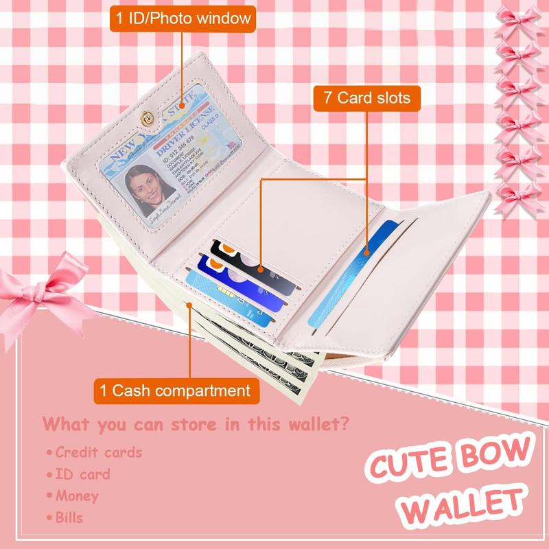 Wallets Girls Cute Bow Small Wallet Aesthetic Card Holder ID Window Purse for Women (PINK)