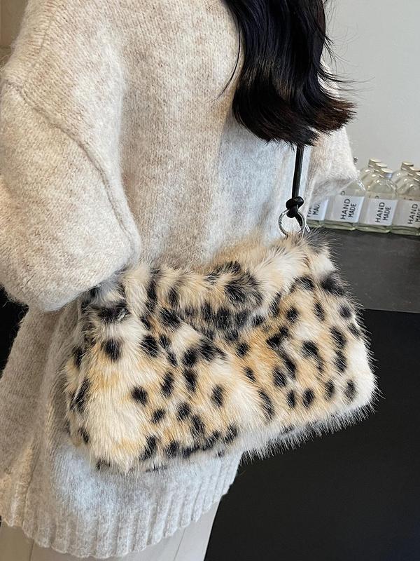 Women's Solid Color Leopard Pattern Furry Shoulder Bag, Fashionable Large Capacity Underarm Bag for Daily Used, Casual Trendy Versatile High-quality Daily Commuting Bag