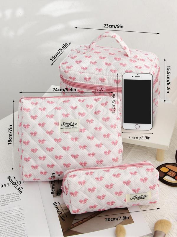 Cute Bow Pattern Design Makeup Bag Set, New Trend All Over Print Travel Toiletry Bag with Handle, Large Capacity Portable Cosmetic Bag Set for Daily Used