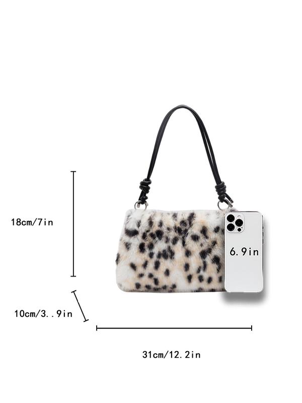 Women's Solid Color Leopard Pattern Furry Shoulder Bag, Fashionable Large Capacity Underarm Bag for Daily Used, Casual Trendy Versatile High-quality Daily Commuting Bag