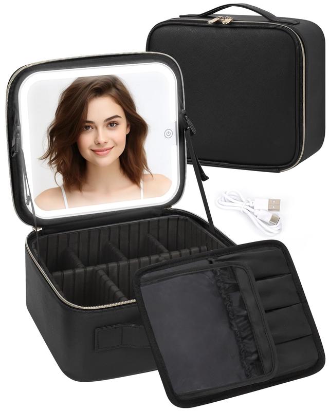 Makeup Bag With LED Mirror, Travel Makeup Case with Light up Mirror Large Cosmetic Case with 3 Color Lighted  with Adjustable Dividers