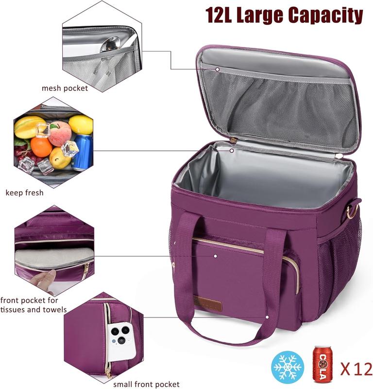 Insulated Lunch Bags for Women Men Lunch Bags Large Lunch Box Leakproof Soft Cooler Tote Bag (Purple, 12L)