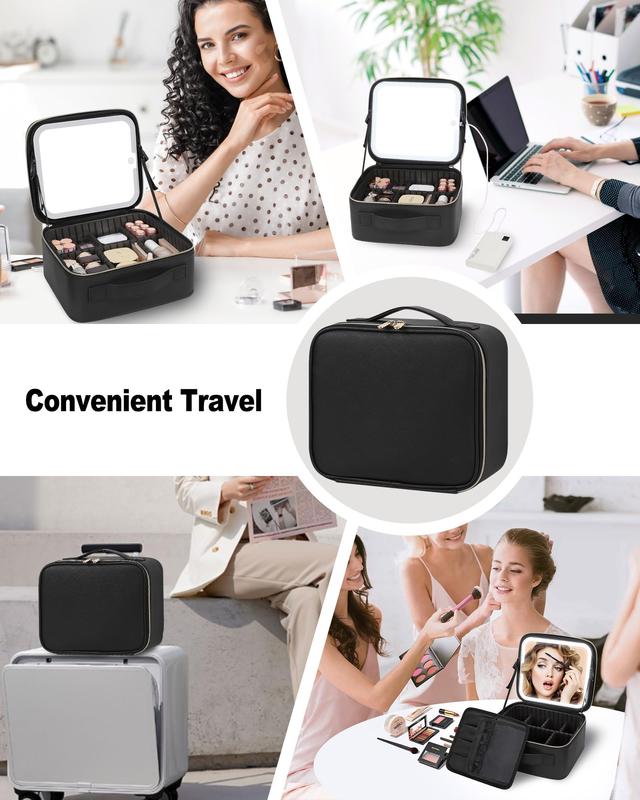 Makeup Bag With LED Mirror, Travel Makeup Case with Light up Mirror Large Cosmetic Case with 3 Color Lighted  with Adjustable Dividers