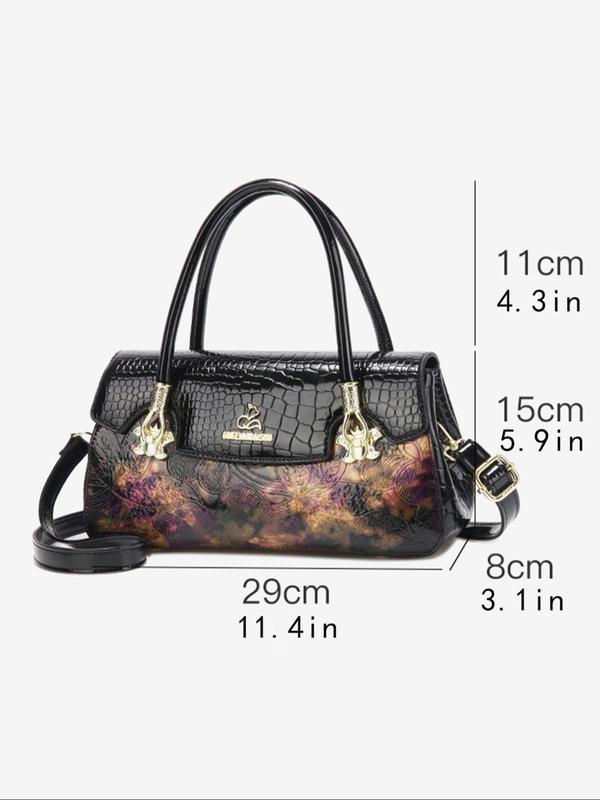 Women's Crocodile Embossed Handbag, Vintage Style Floral Pattern Zipper Shoulder Bag, Casual Trendy Versatile High-quality Daily Commuting Bag, Girl Shopping Bag