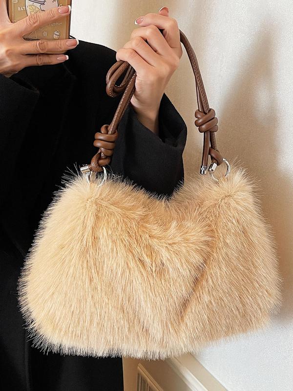 Women's Solid Color Leopard Pattern Furry Shoulder Bag, Fashionable Large Capacity Underarm Bag for Daily Used, Casual Trendy Versatile High-quality Daily Commuting Bag