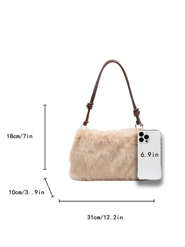 Women's Solid Color Leopard Pattern Furry Shoulder Bag, Fashionable Large Capacity Underarm Bag for Daily Used, Casual Trendy Versatile High-quality Daily Commuting Bag