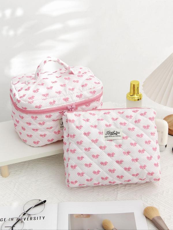 Cute Bow Pattern Design Makeup Bag Set, New Trend All Over Print Travel Toiletry Bag with Handle, Large Capacity Portable Cosmetic Bag Set for Daily Used