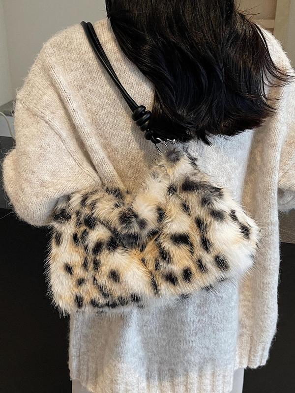 Women's Solid Color Leopard Pattern Furry Shoulder Bag, Fashionable Large Capacity Underarm Bag for Daily Used, Casual Trendy Versatile High-quality Daily Commuting Bag