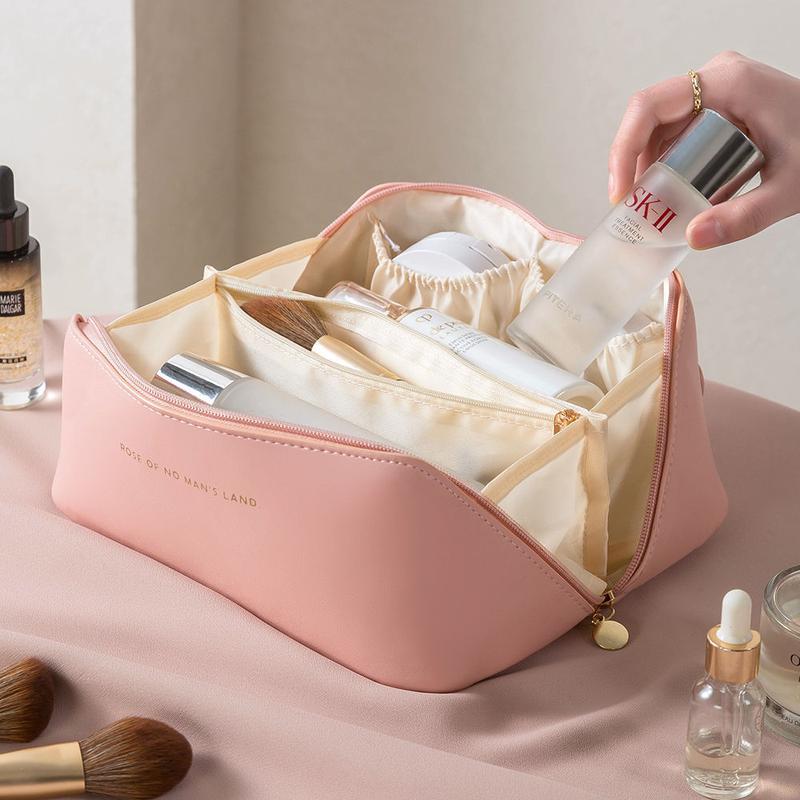 Travel Cosmetic Bag Upgraded PU Leather Large Capacity Portable Makeup Box with Compartments & Mash Bag Multifunctional Storage Toiletry Bag