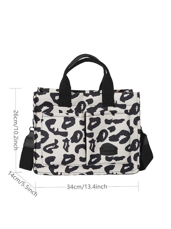 Fashion Leopard Pattern Tote Bag, Large Capacity Shoulder Bag for Women, Casual Letters Patched Decor Commuter Bag for Daily Used