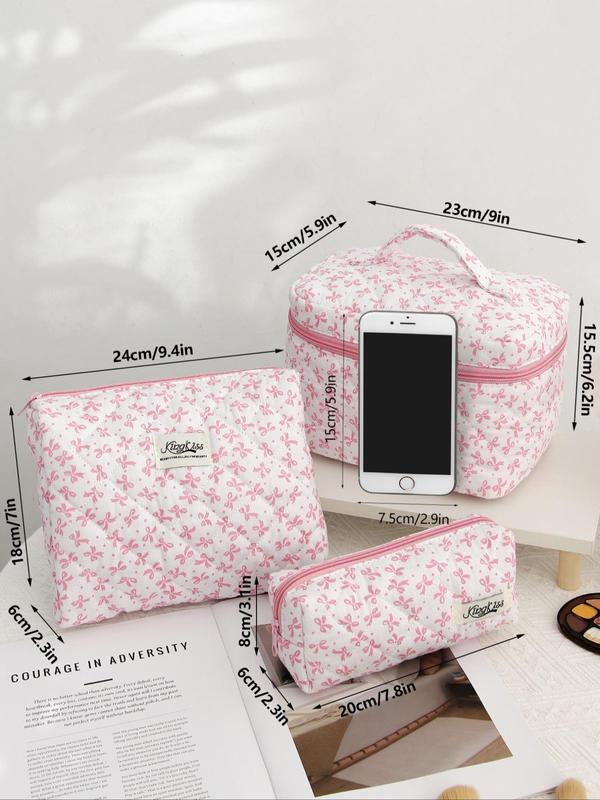 Cute Bow Pattern Design Makeup Bag Set, New Trend All Over Print Travel Toiletry Bag with Handle, Large Capacity Portable Cosmetic Bag Set for Daily Used