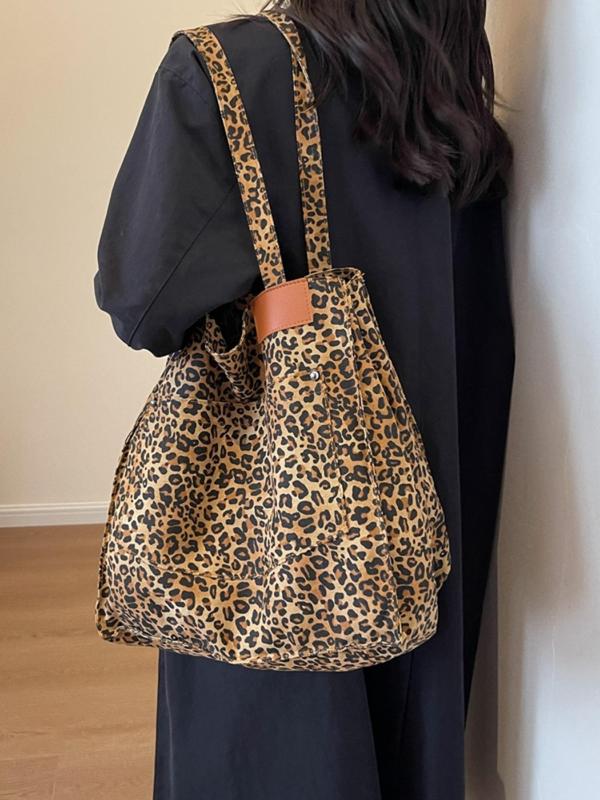 Fashion Leopard Pattern Tote Bag, Casual Large Capacity Shoulder Bag for Women, Trendy Versatile High-quality Daily Commuting Bag, Girl Fashionable Shopping Bag