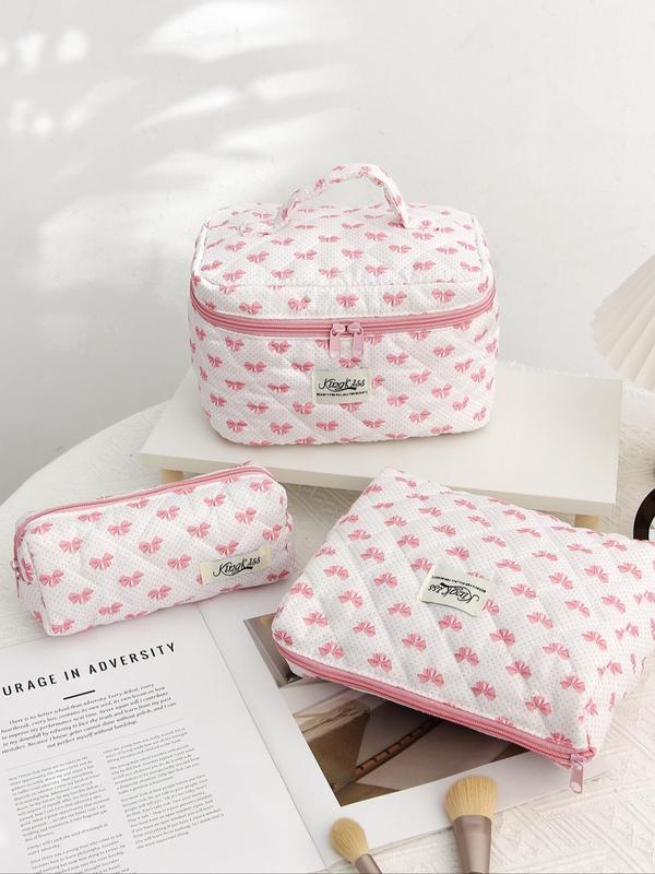 Cute Bow Pattern Design Makeup Bag Set, New Trend All Over Print Travel Toiletry Bag with Handle, Large Capacity Portable Cosmetic Bag Set for Daily Used