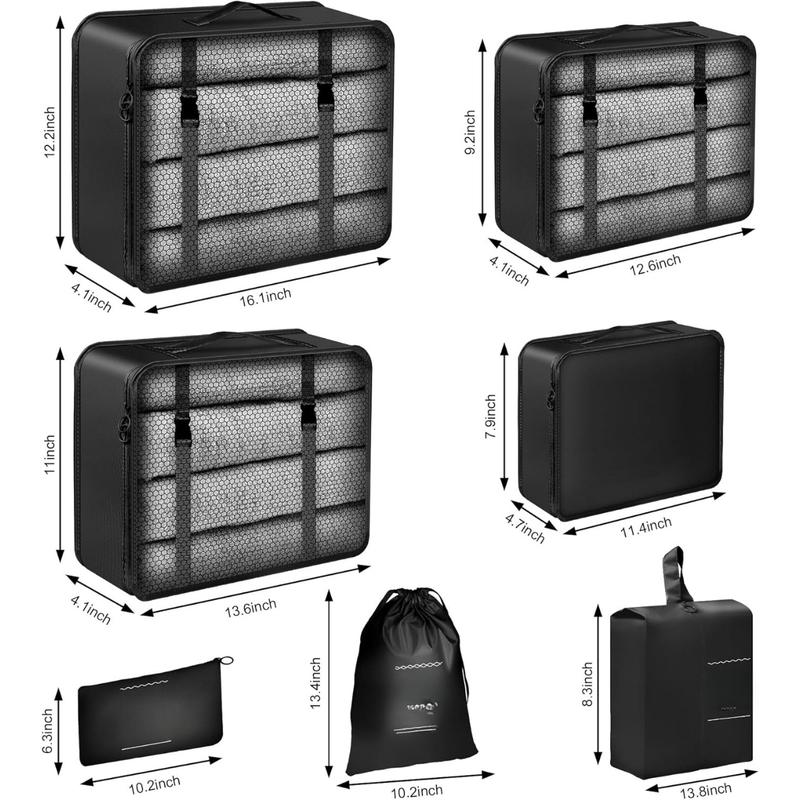 7 Set Packing Cubes for Suitcases, Travel Foldable Laundry and Shoe Bag Lightweight Luggage for Women Man (Black)