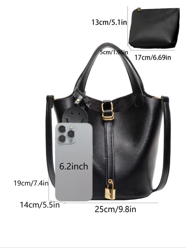 Women's Solid Color Bucket Bag, with Cute Bag Charm, Fashionable Simple Versatile Commuter Bag, Elegant Crossbody Bag for Women